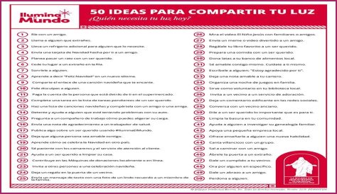 Lista de 50 ideas para compartir tu luz para Ilumina el Mundo 2022